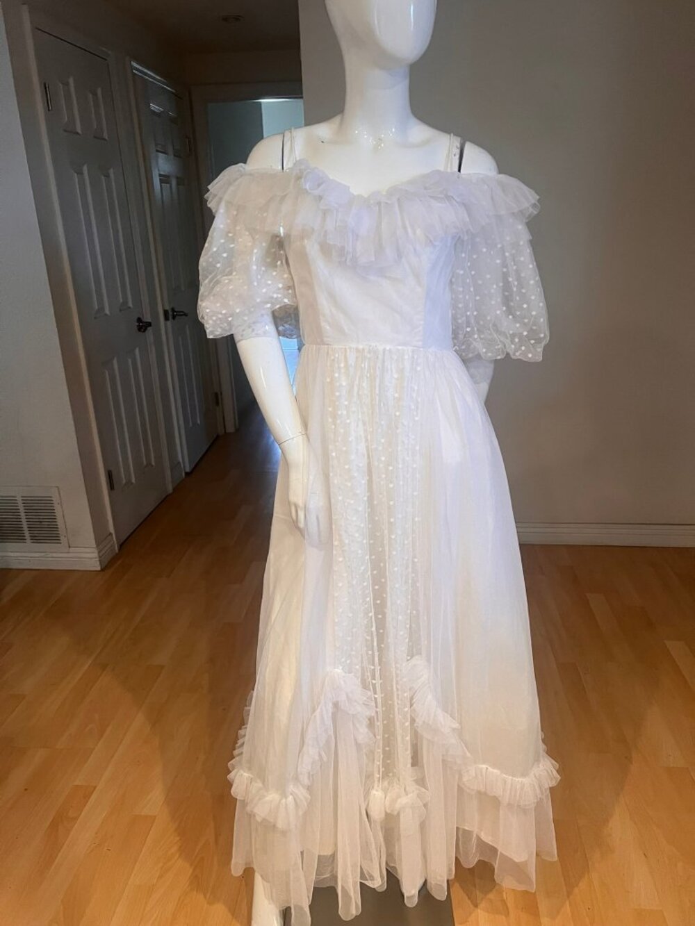 VINTAGE HELEN JOY 70'S AMERICAN FOLK PRARIE BRIDAL GOWN BOHO TULLE SZ 11 / 12
